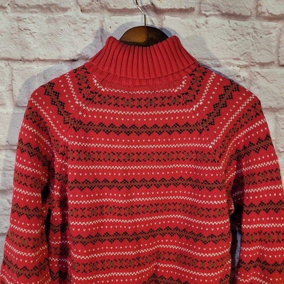 Lands’ End Red Fair Isle Striped Turtleneck Cotton Pullover Sweater - Picture 2 of 11